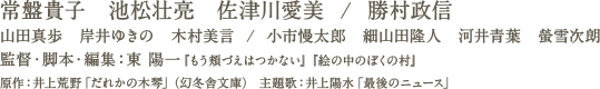 常盤貴子　池松壮亮　佐津川愛美  /  勝村政信　山田真歩　岸井ゆきの　木村美言  /  小市慢太郎　細山田隆人　河井青葉　螢雪次朗　監督・脚本・編集：東 陽一『もう頬づえはつかない』『絵の中のぼくの村』　原作：井上荒野「だれかの木琴」（幻冬舎文庫） 主題歌：井上陽水「最後のニュース」